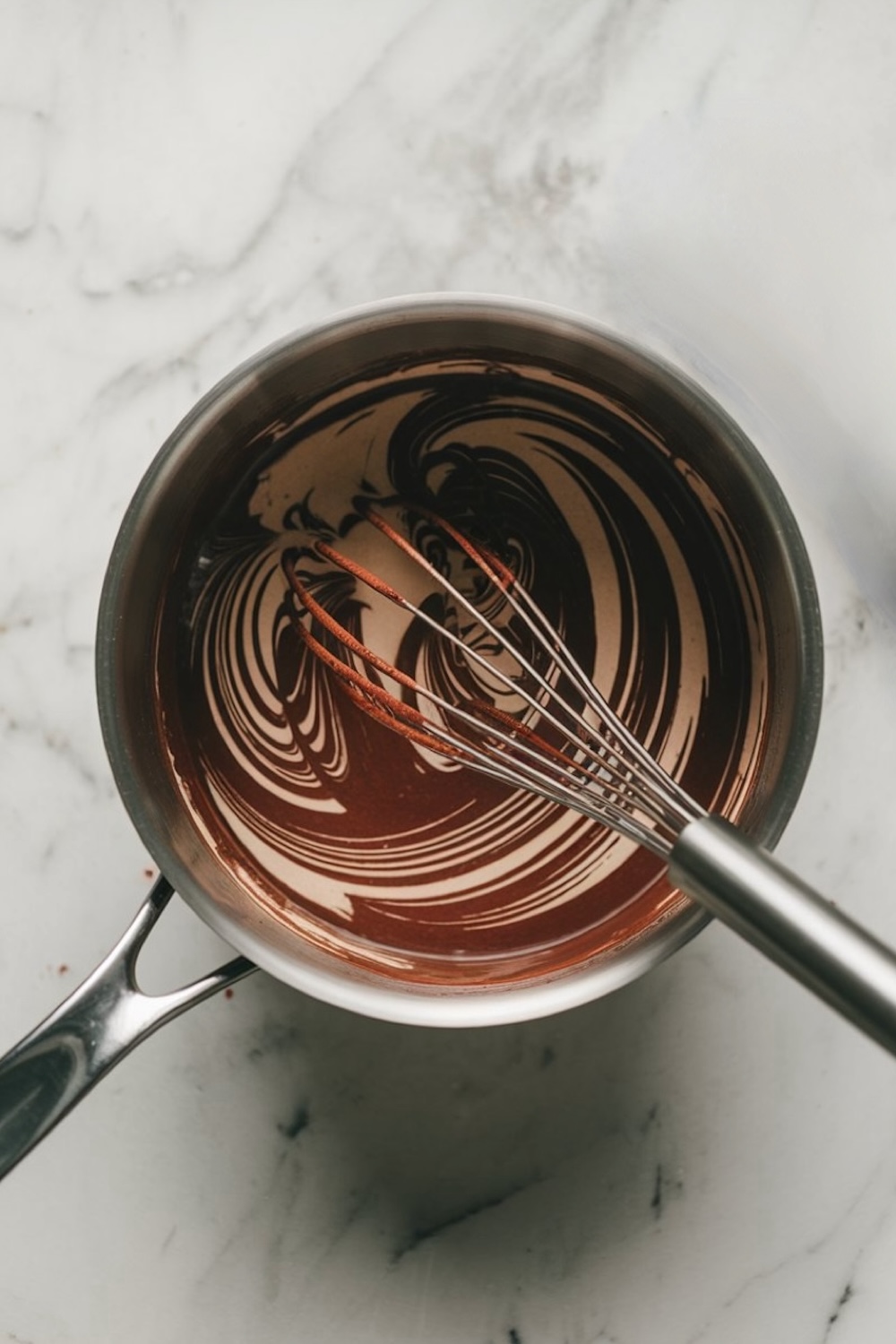 Stainless steel saucepan on a marble surface with a whisk stirring a swirled mixture of melted chocolate and cream.