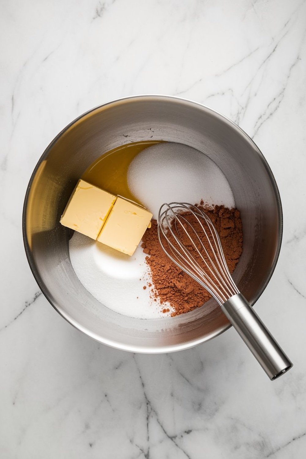 A large mixing bowl on a marble countertop containing key ingredients for brownie batter. The bowl holds softened butter, granulated sugar, and cocoa powder, ready to be whisked together for a rich and fudgy brownie base. A stainless steel whisk rests inside the bowl, while the bright surface enhances the contrast of the ingredients.