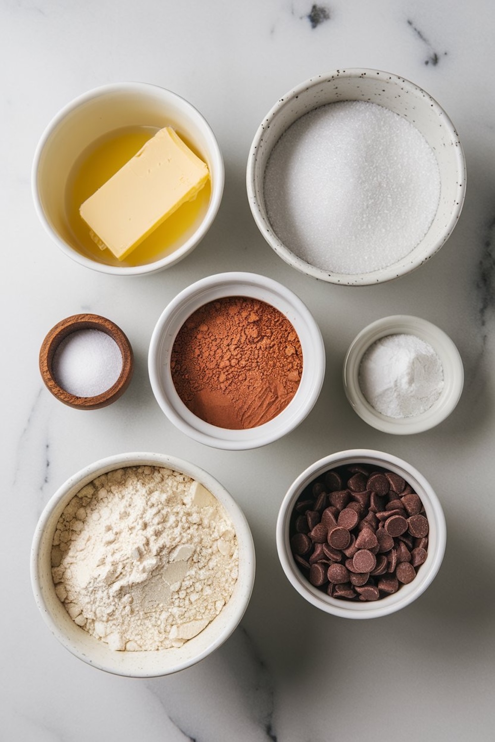 An overhead view of pre-measured ingredients for making chocolate cheesecake brownie bars, displayed in small bowls on a marble surface. The ingredients include melted butter, granulated sugar, cocoa powder, all-purpose flour, chocolate chips, salt, baking powder, and a wooden bowl of sugar. The carefully arranged setup highlights the baking process and the simplicity of the recipe.