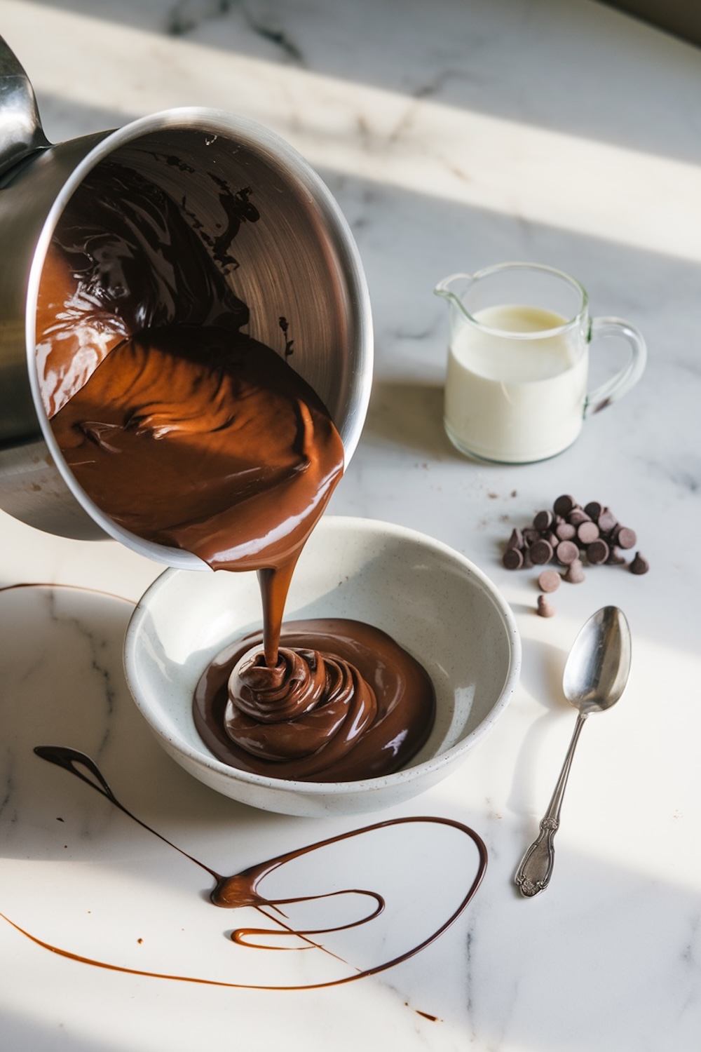 A metal saucepan pouring smooth, melted chocolate into a white ceramic bowl on a marble countertop. The rich chocolate cascades in glossy swirls, with artistic drizzles decorating the surface around the bowl. Nearby, a glass pitcher of cream, scattered chocolate chips, and a vintage silver spoon complete the elegant setup, capturing the process of preparing a decadent dessert or ganache. The warm natural light highlights the texture and shine of the chocolate, creating a luxurious and appetizing scene.