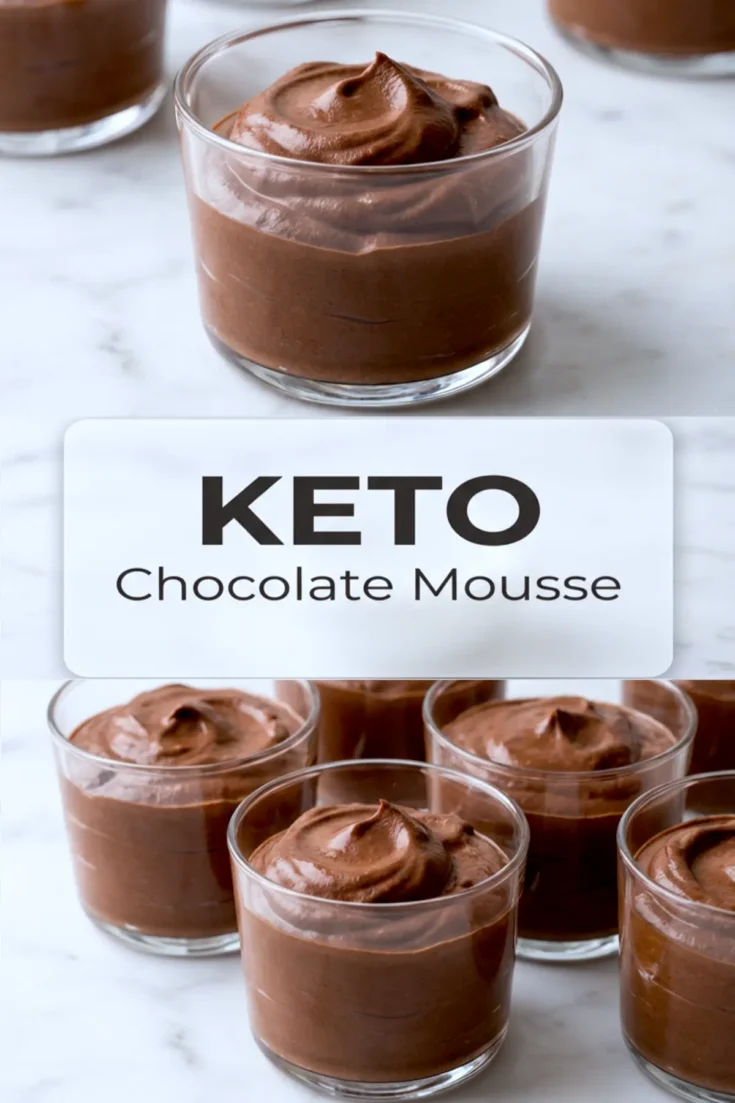 Two-panel collage of rich keto chocolate mousse served in clear dessert cups. The upper panel features a single mousse, and the bottom panel presents multiple mousse servings arranged in rows with bold “KETO Chocolate Mousse” text in center.