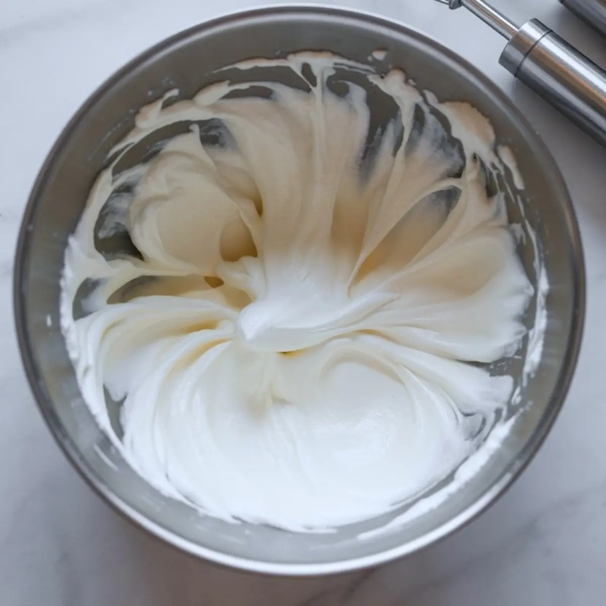 Stiff whipped cream in a stainless steel mixing bowl with electric beaters resting nearby on a marble countertop.
