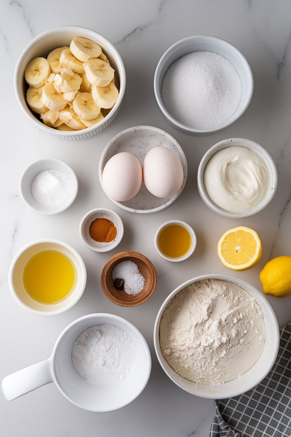 Flat-lay of ingredients for lemon drizzle banana bread on a white surface, featuring bananas, flour, sugar, eggs, yogurt, lemons, and spices, all neatly arranged in bowls.