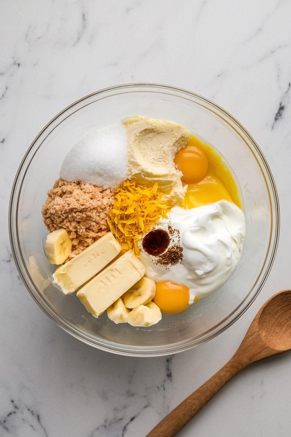 Ingredients for lemon drizzle banana bread in a clear bowl, including bananas, butter, eggs, sugar, yogurt, and lemon zest, ready to be mixed. A wooden spoon lies beside the bowl on a marble surface.