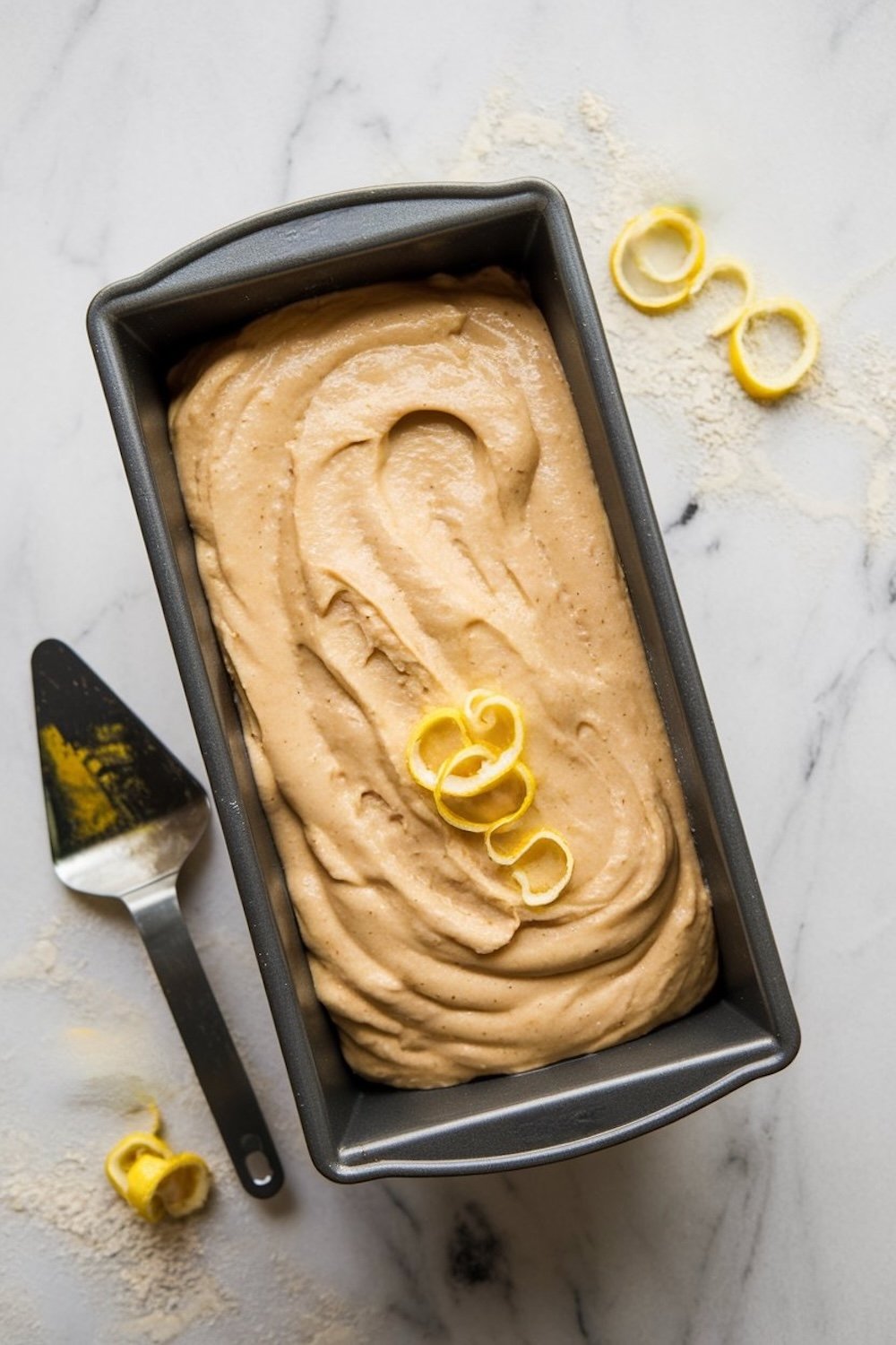Lemon banana bread batter in a loaf pan, topped with lemon zest curls, ready for baking. A spatula dusted with flour rests nearby on a white marble surface.