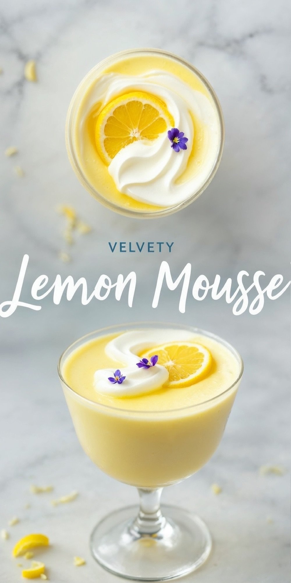 A close-up of a lemon mousse in a glass topped with whipped cream, a lemon slice, and a small purple flower, set on a light marble background.
