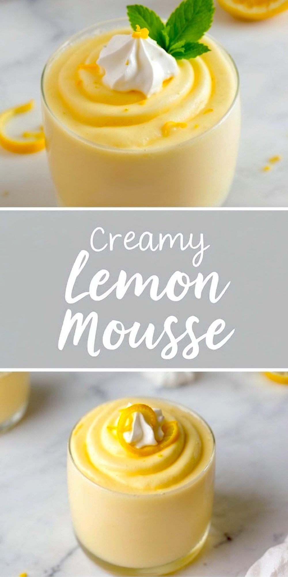 Two glasses of creamy lemon mousse garnished with whipped cream, lemon zest, and mint leaves, displayed on a marble surface.