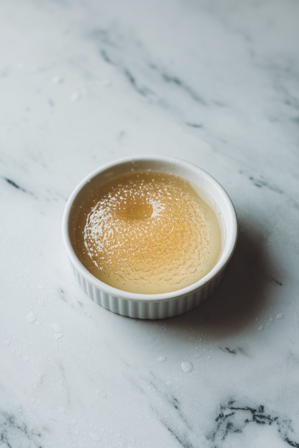 A small white ramekin containing softened gelatin, prepared for use in the lemon mousse, sitting on a marble surface.