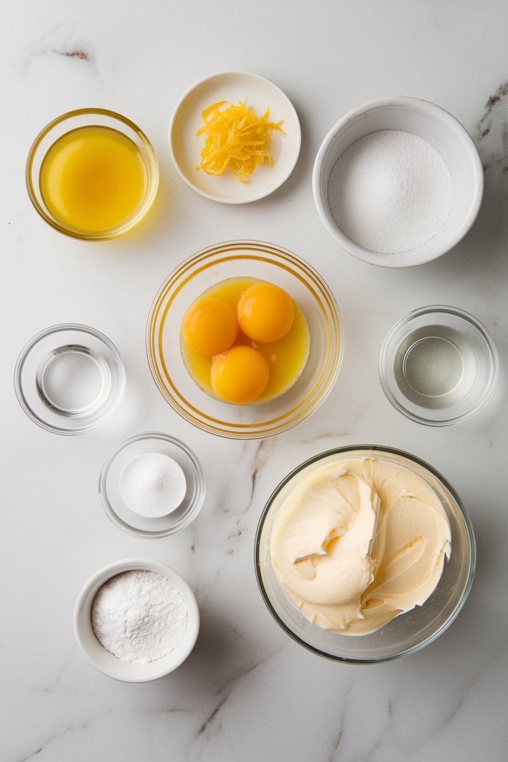 Ingredients for lemon mousse, including egg yolks, sugar, lemon zest, lemon juice, heavy cream, powdered sugar, and butter, arranged in glass and ceramic bowls on a marble surface.
