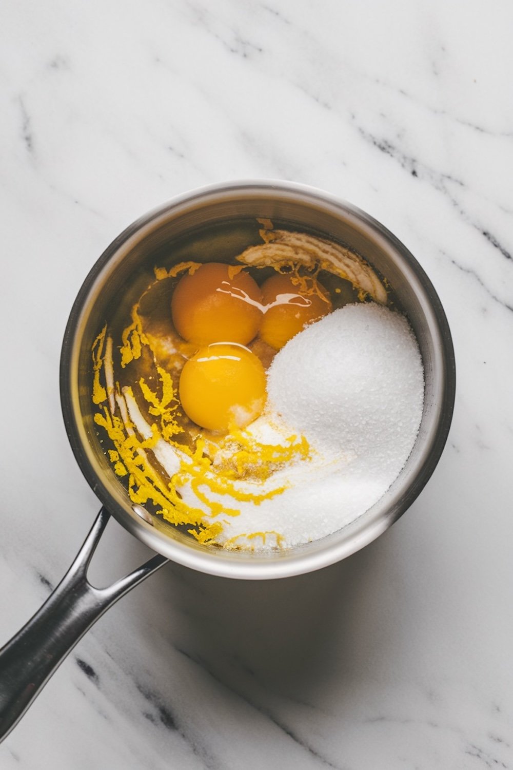 A stainless steel saucepan containing egg yolks, sugar, and lemon zest, ready to be whisked together for making lemon mousse.