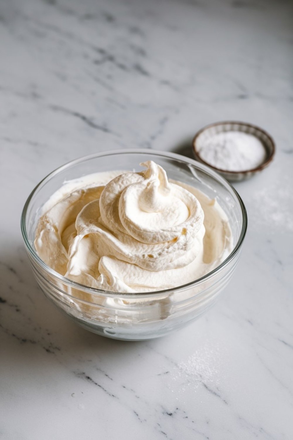 A glass bowl filled with fluffy whipped cream, ready to be folded into the lemon mousse mixture, with a small bowl of powdered sugar in the background.