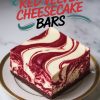 Close-up of a single marbled red velvet cheesecake bar served on a decorative white plate with a gold rim. The intricate red and white swirls are prominent, paired with a text overlay reading “Marbled Red Velvet Cheesecake Bars” in bold red and black font with teal accents.
