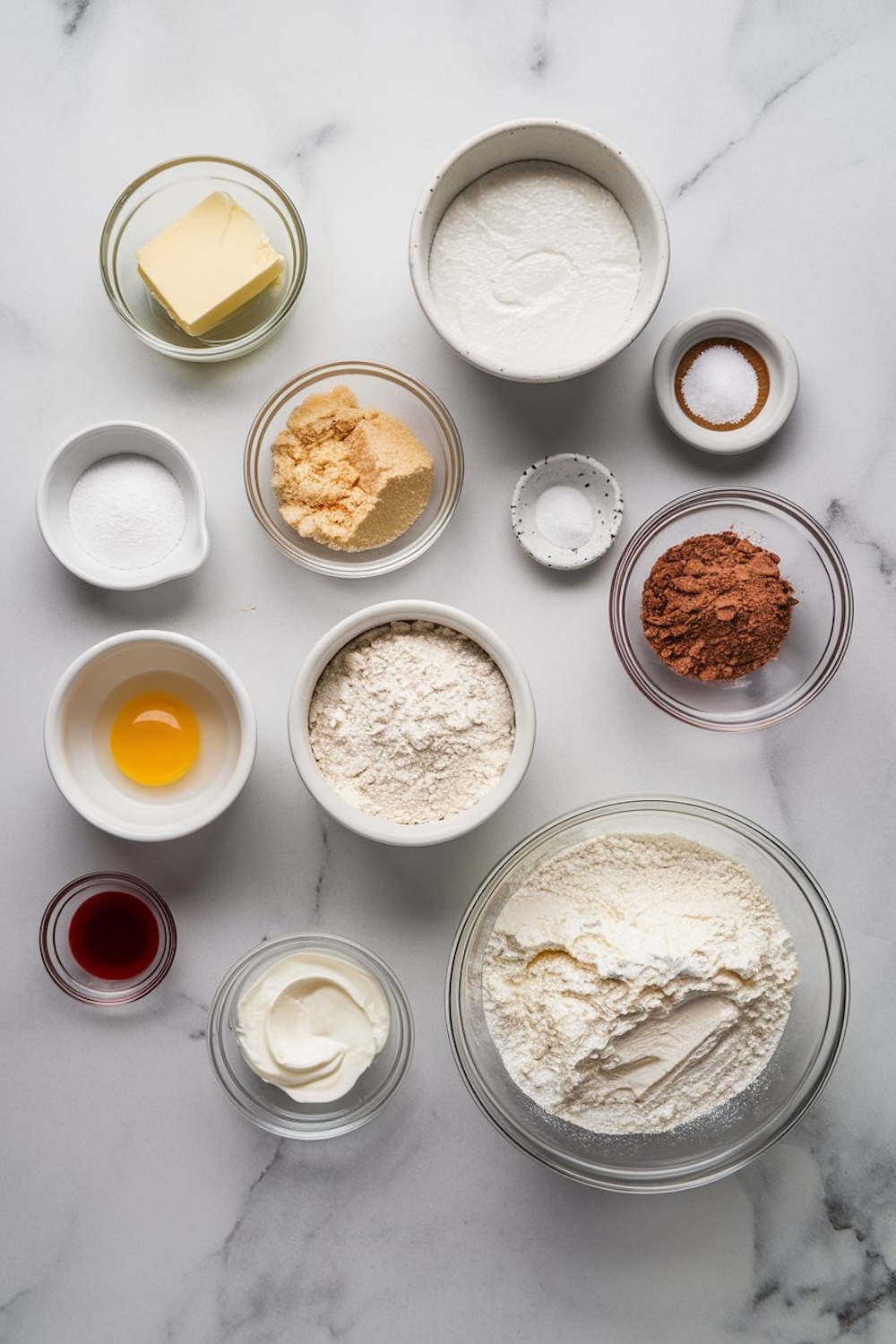 Flat lay of ingredients for red velvet cheesecake bars, including bowls of butter, sugar, cocoa powder, flour, sour cream, eggs, vanilla extract, and cream cheese. The setup is arranged neatly on a marble surface.