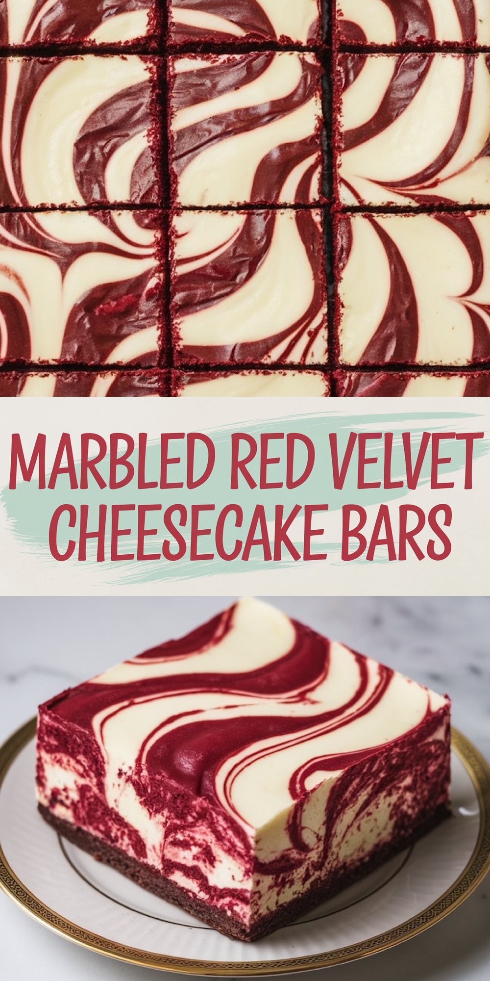 Close-up of marbled red velvet cheesecake bars cut into even squares. The design highlights vibrant red swirls blended with creamy white cheesecake for a striking visual. Text overlay reads “Marbled Red Velvet Cheesecake Bars” with a mint-colored accent.