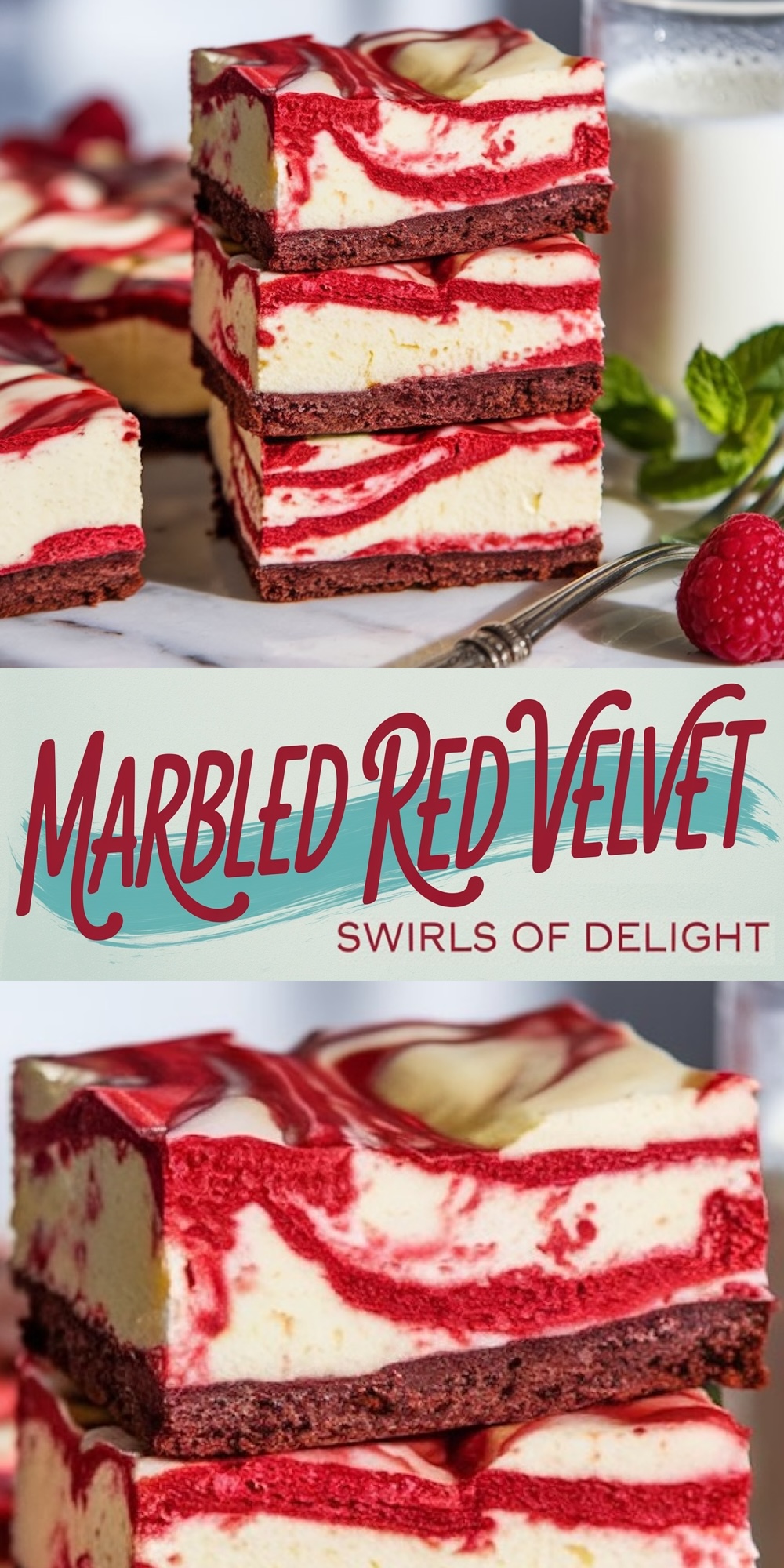 Collage featuring stacked marbled red velvet cheesecake bars. The bars showcase vivid red and white swirls with a chocolate crust, set on a marble surface with fresh raspberries and a glass of milk in the background. Text overlay reads “Marbled Red Velvet - Swirls of Delight.”