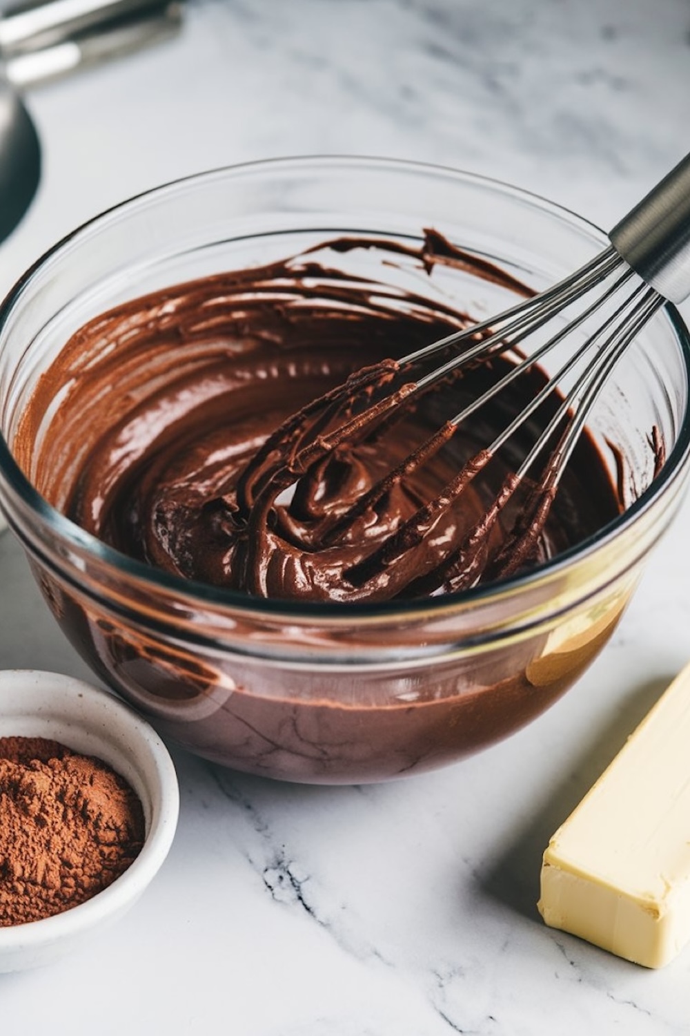 Mixing bowl filled with smooth chocolate batter being whisked, with cocoa powder and butter nearby. The rich chocolate texture is emphasized on a marble countertop.