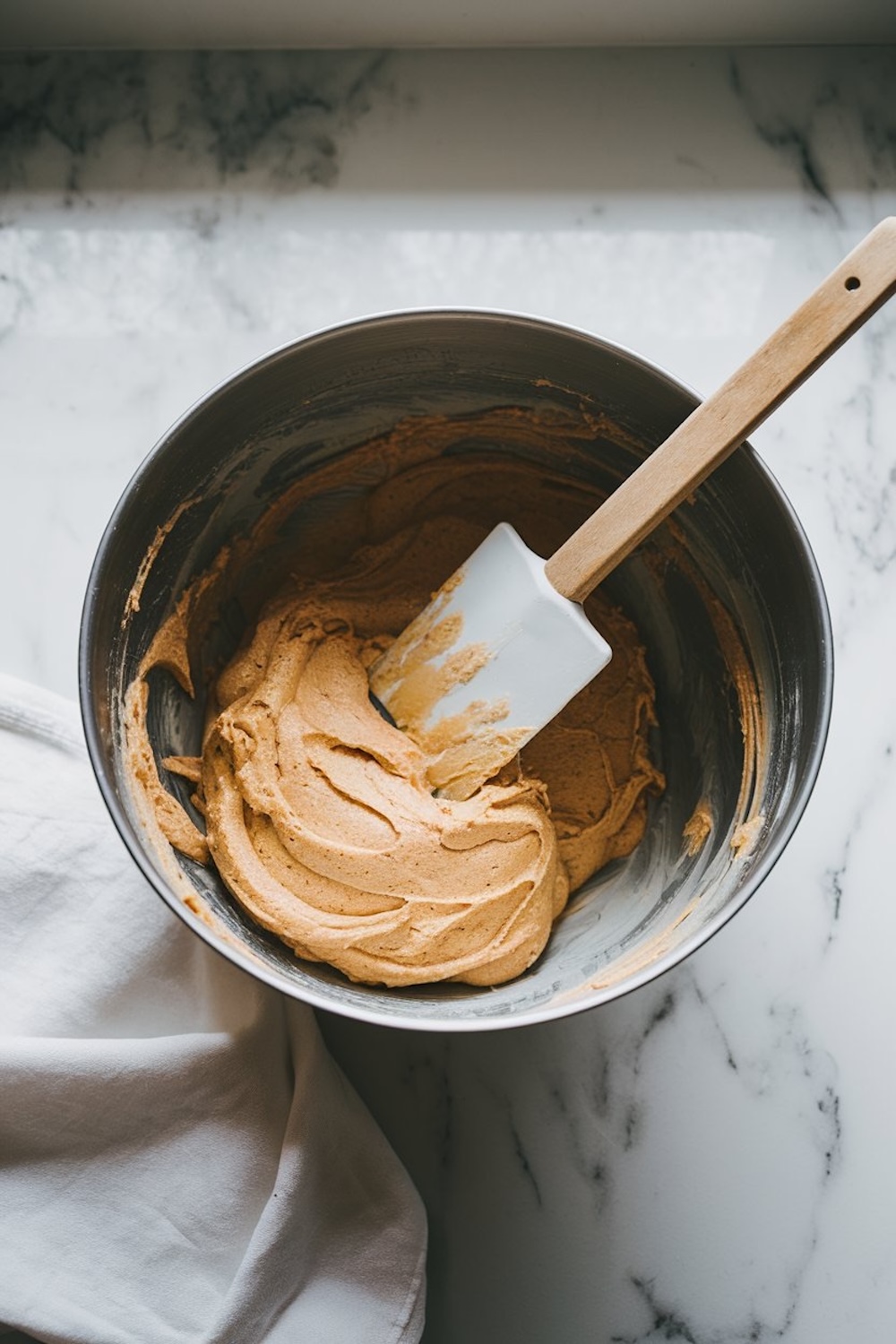 A close-up of a mixing bowl with smooth, light brown banana bread batter and a silicone spatula resting on the side, set on a white marble countertop with a white kitchen towel beside it.