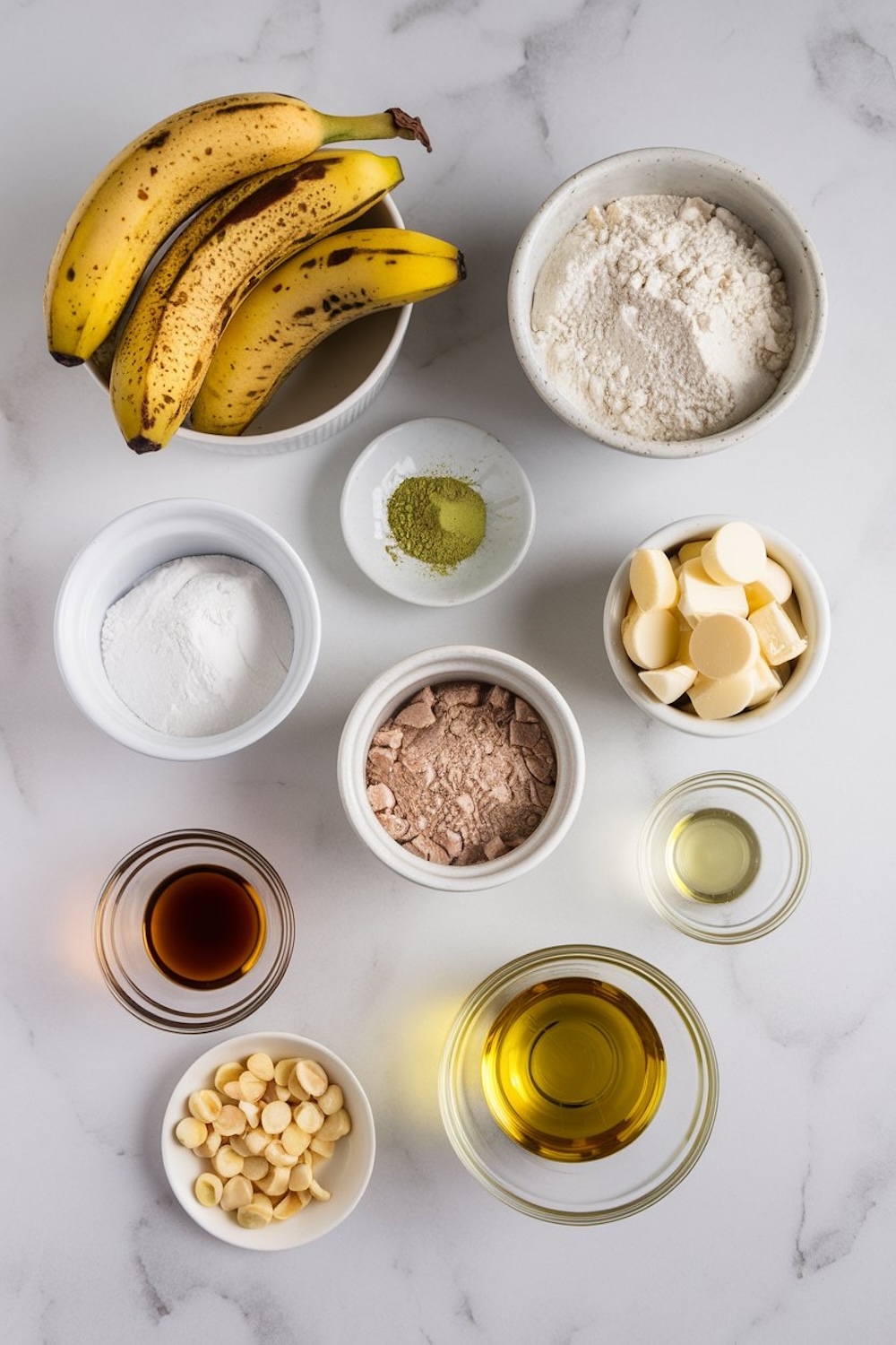 A flat lay of ingredients for matcha banana bread on a marble surface. Items include ripe bananas, flour, white chocolate chips, cocoa powder, matcha powder, baking soda, vanilla extract, olive oil, and other small bowls with baking essentials, neatly arranged for a recipe preparation scene.