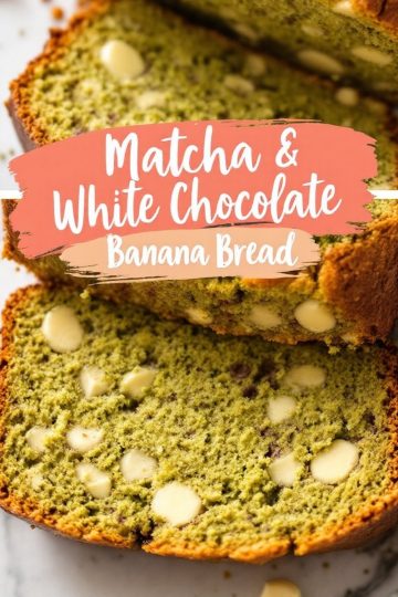 close-up of sliced matcha banana bread with a golden crust and vibrant green inside, scattered with white chocolate chunks. The coral banner with the text “Matcha & White Chocolate Banana Bread” is prominently displayed, highlighting the bread’s rich texture and color.