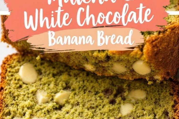 close-up of sliced matcha banana bread with a golden crust and vibrant green inside, scattered with white chocolate chunks. The coral banner with the text “Matcha & White Chocolate Banana Bread” is prominently displayed, highlighting the bread’s rich texture and color.