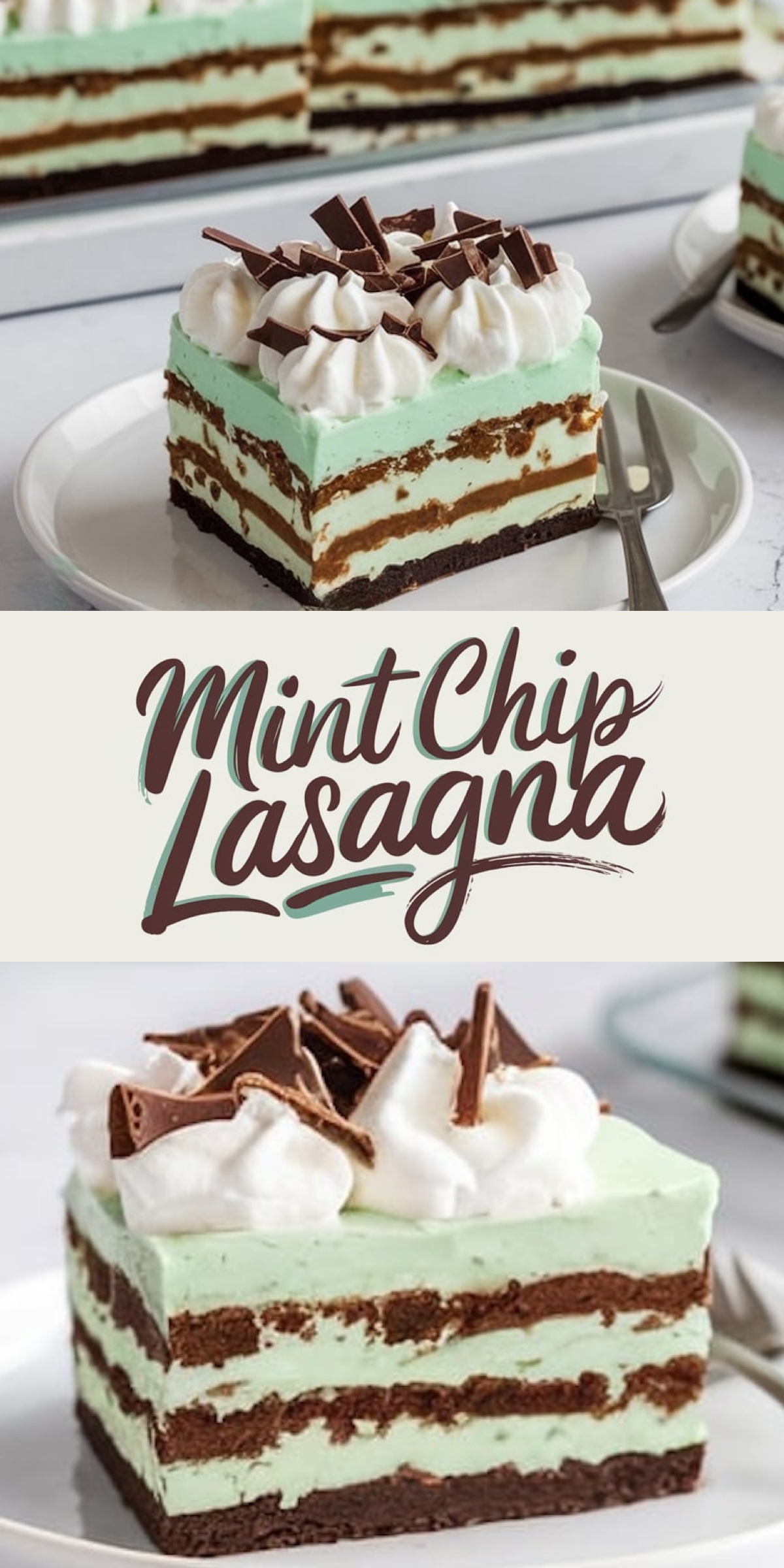 A close-up view of a slice of mint chip lasagna showing its creamy mint filling, chocolate layers, and crunchy chocolate shavings on top. The background features a larger dish of the dessert.