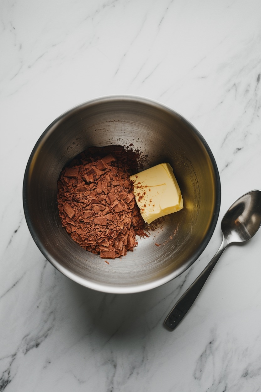 A stainless steel mixing bowl on a marble countertop, containing chopped chocolate and a stick of butter. A silver spoon rests beside the bowl.