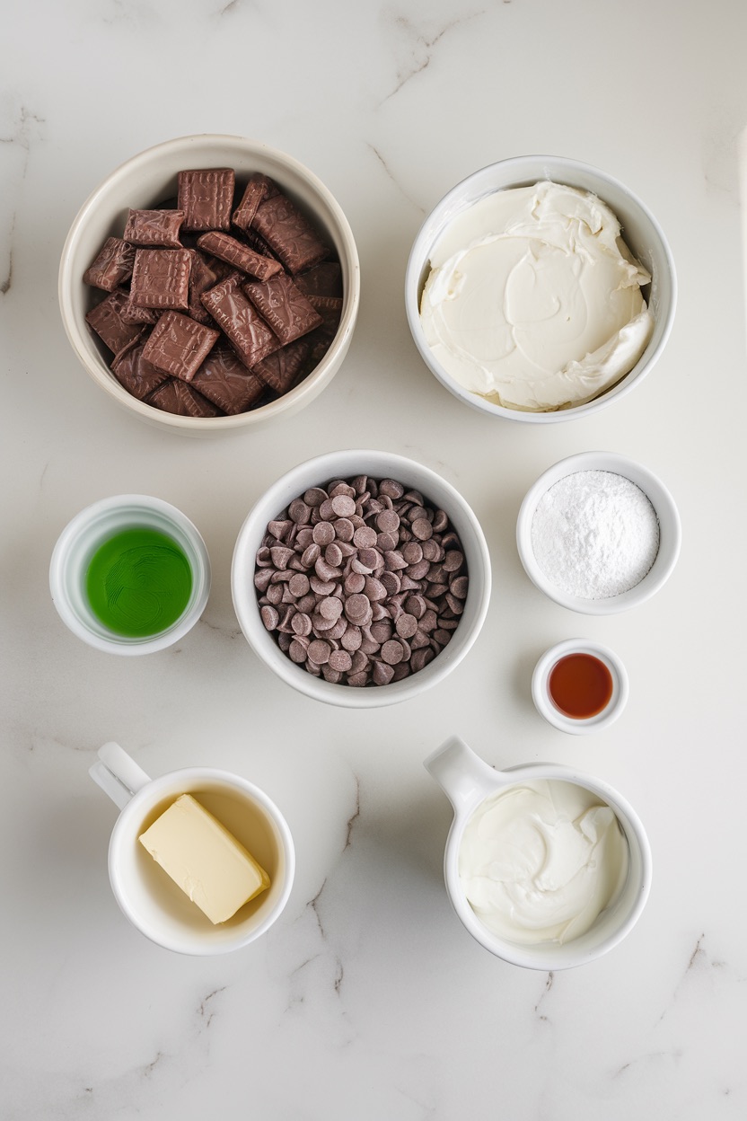 A flat lay of ingredients for mint chip lasagna arranged in small bowls on a white countertop. The ingredients include chocolate squares, chocolate chips, cream cheese, powdered sugar, vanilla extract, green mint extract, butter, and whipped cream.
