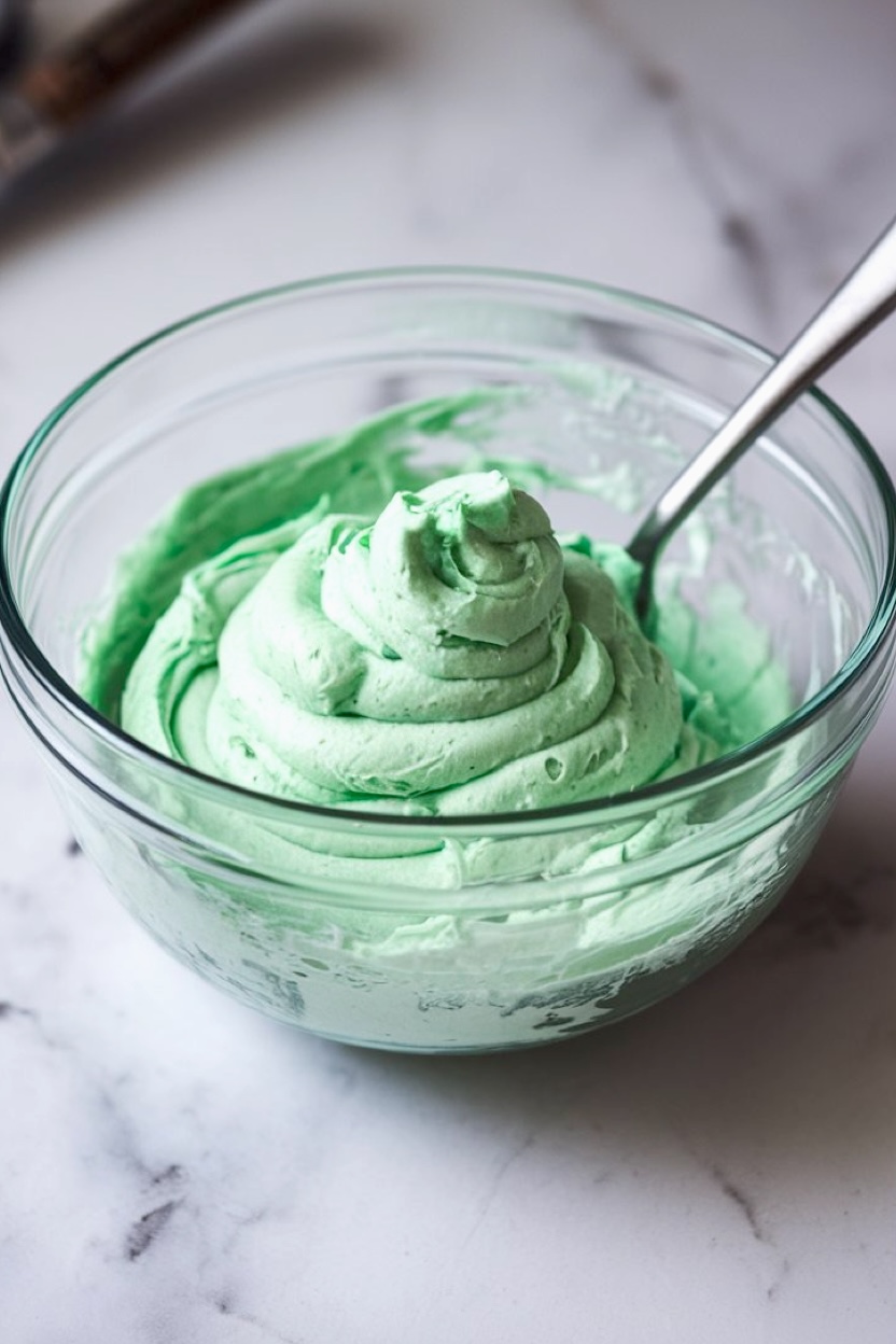 A glass bowl filled with freshly whipped green mint cream, swirled to create soft peaks. A spoon is partially submerged in the mixture, sitting on a marble surface.