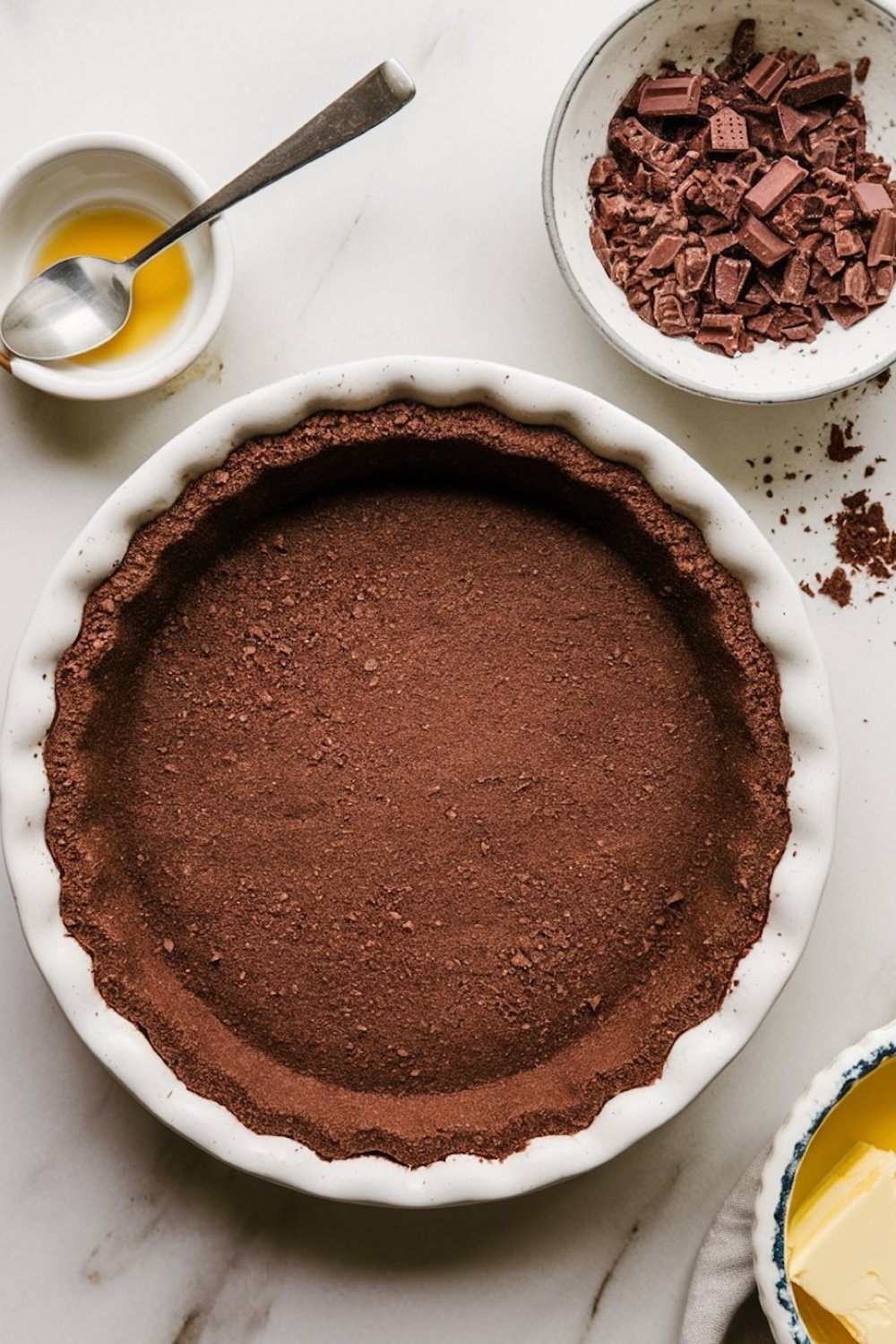 Close-up of an unbaked chocolate crust in a white pie dish, with small bowls of melted butter and chopped chocolate nearby on a marble countertop.