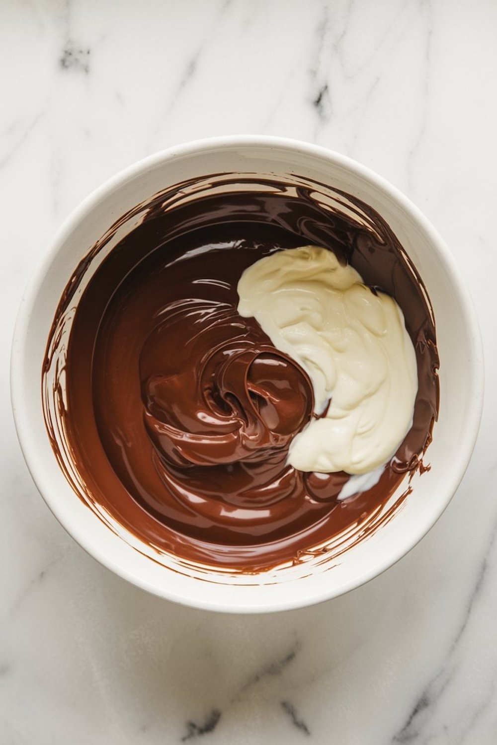 Bowl of melted chocolate mixed with cream, forming a smooth and rich ganache. The swirls of dark and white chocolate create a marbled effect.