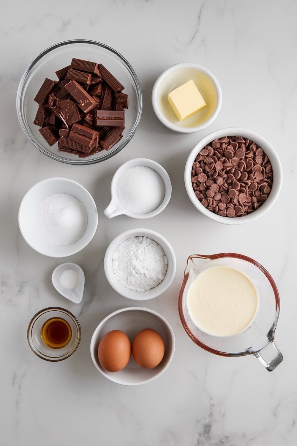 Flat-lay of ingredients for Mississippi mud pie, including chocolate bars, chocolate chips, butter, cream, eggs, sugar, and vanilla, arranged in small bowls on a white surface.