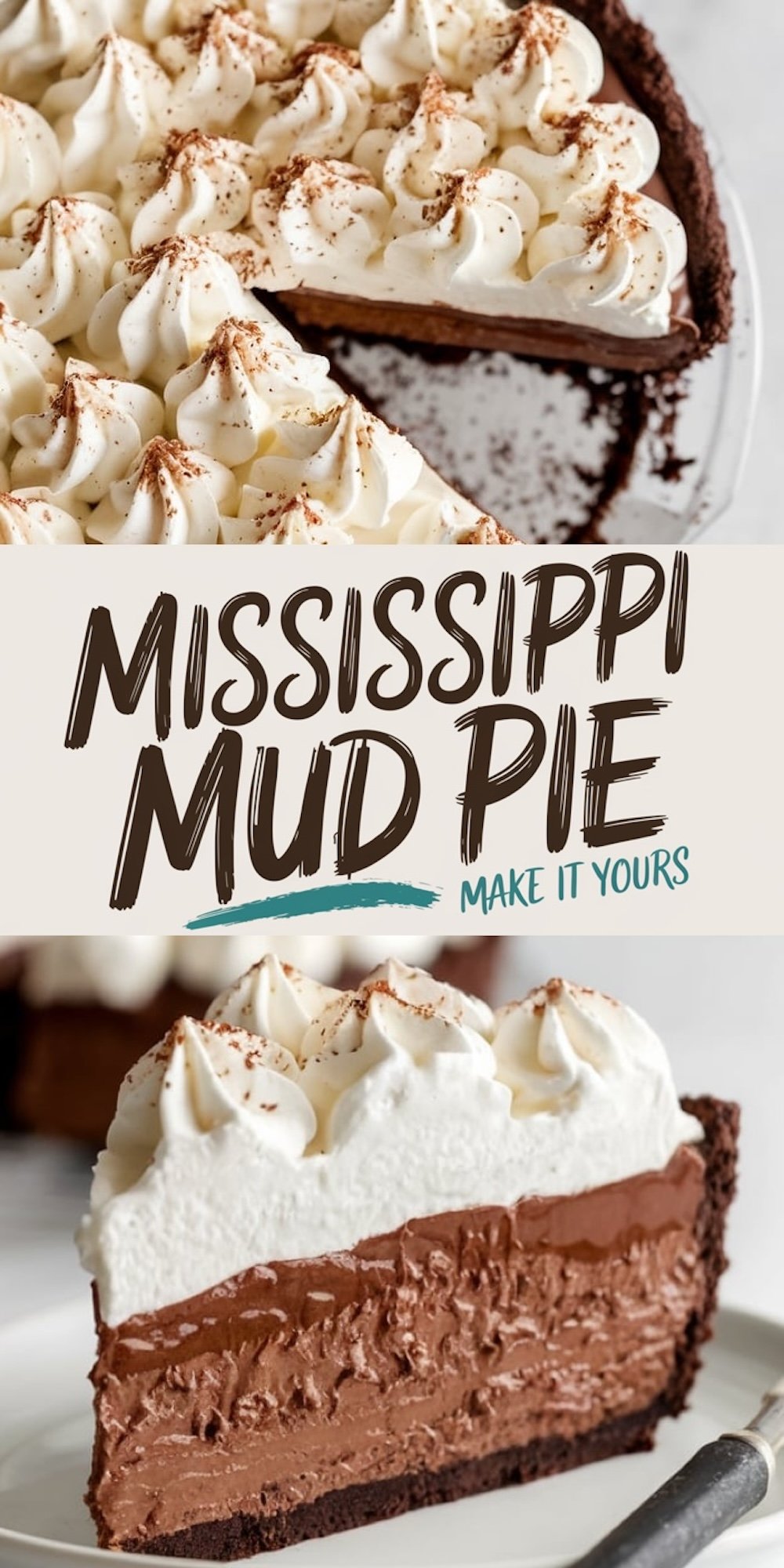 Full Mississippi mud pie with whipped cream topping piped in elegant peaks, dusted with cocoa powder, and garnished with chocolate shards. A slice is removed to reveal the chocolate filling.