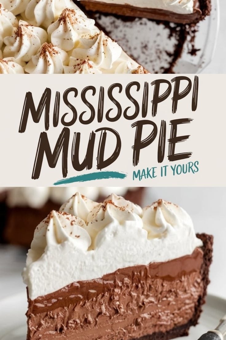 Mississippi mud pie with a whipped cream topping piped in peaks, dusted with cocoa powder. A text overlay reads “Mississippi Mud Pie” with the phrase “Make it Yours.”