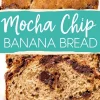 A close-up collage of mocha chip banana bread, featuring a crusty top and thick slices with chocolate chunks inside. The center displays a blue text banner reading “Mocha Chip Banana Bread.”
