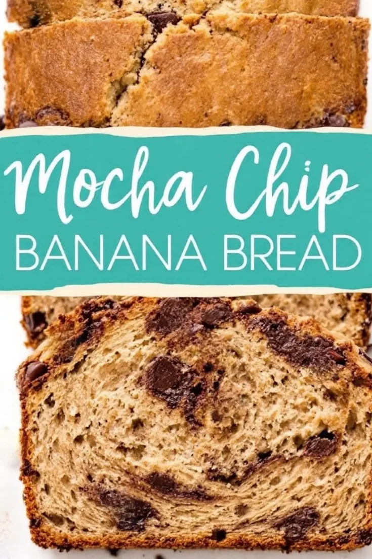 A close-up collage of mocha chip banana bread, featuring a crusty top and thick slices with chocolate chunks inside. The center displays a blue text banner reading “Mocha Chip Banana Bread.”