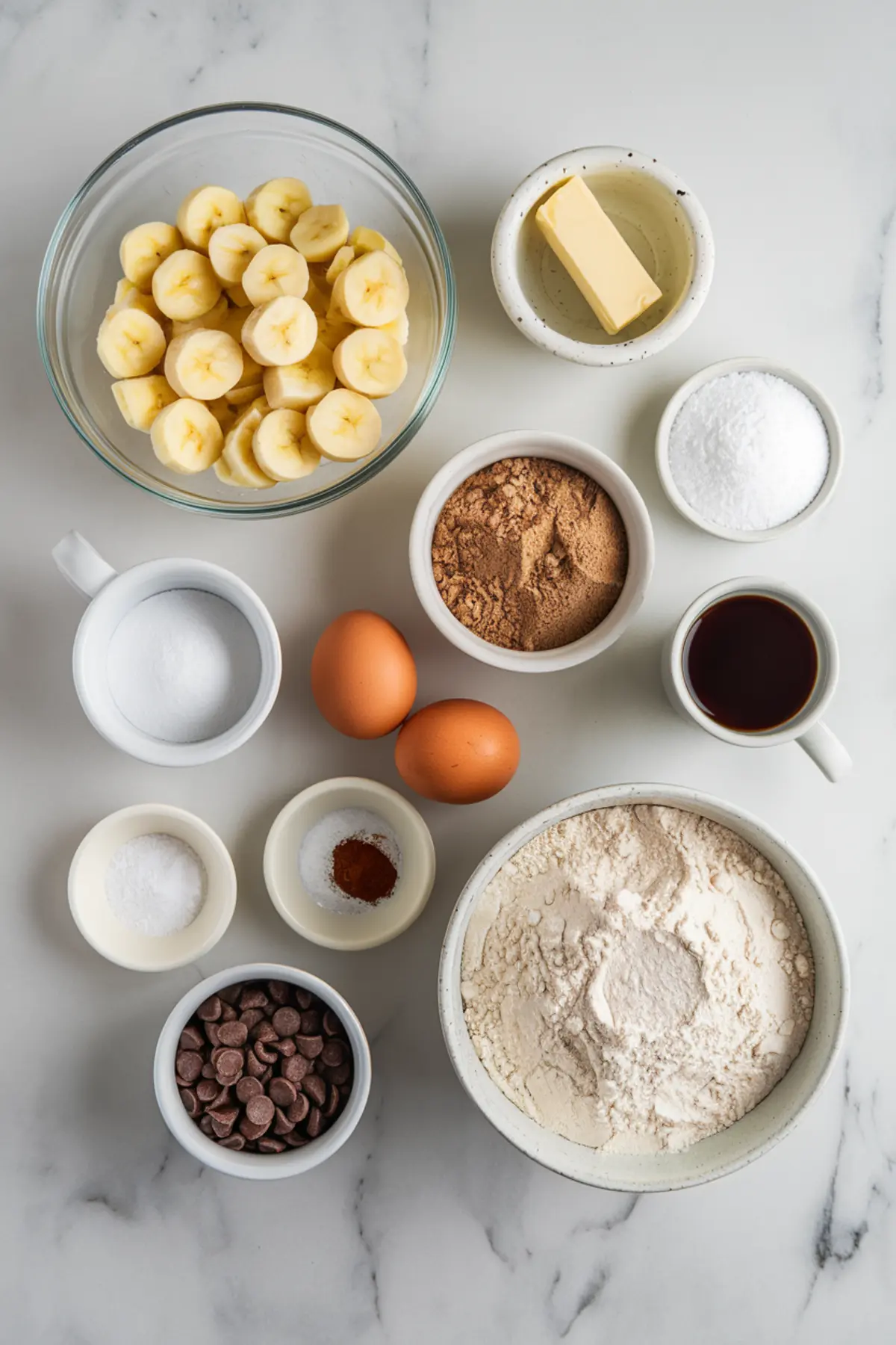 A flat lay of baking ingredients on a white marble surface, including sliced bananas, flour, eggs, butter, cocoa powder, sugar, chocolate chips, spices, and a cup of coffee.