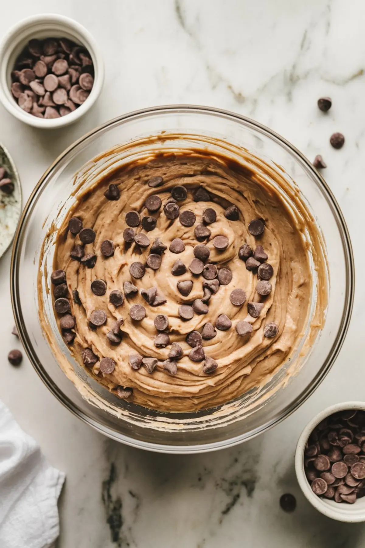A glass bowl of mocha chip banana bread batter, swirled with chocolate chips, placed on a white marble surface with small bowls of extra chocolate chips around it.