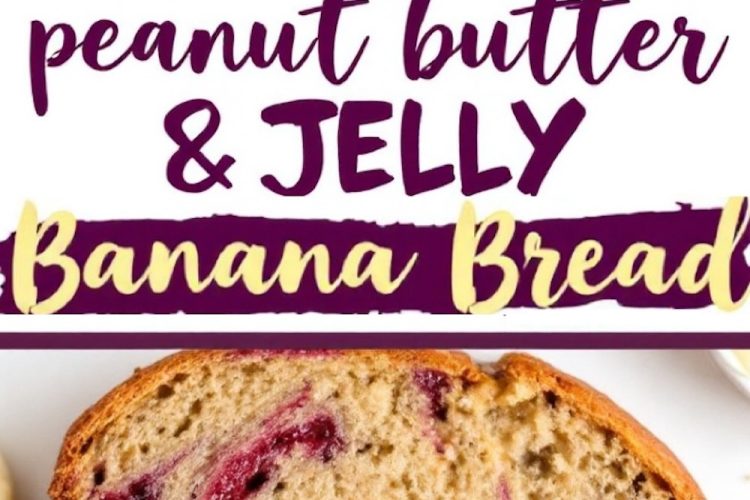 A collage of peanut butter and jelly banana bread. The top portion shows a loaf with prominent jelly streaks, and the bottom section zooms in on a slice, emphasizing the intricate jelly marbling and soft texture.
