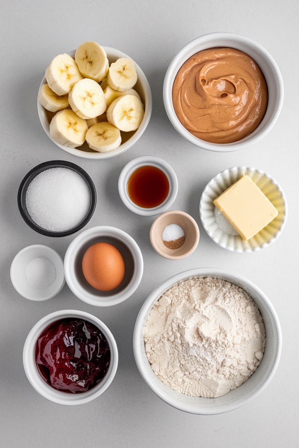 An arrangement of ingredients for peanut butter and jelly banana bread, displayed in individual bowls. Includes sliced bananas, creamy peanut butter, granulated sugar, vanilla extract, butter, a whole egg, flour, salt, baking soda, and red fruit jelly. Set against a light gray background.