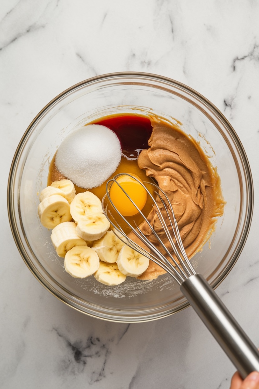 A glass mixing bowl with ingredients for peanut butter and jelly banana bread. Contains sliced bananas, peanut butter, sugar, vanilla extract, a whole egg, and other wet ingredients, with a whisk placed inside. Set on a white marble surface.