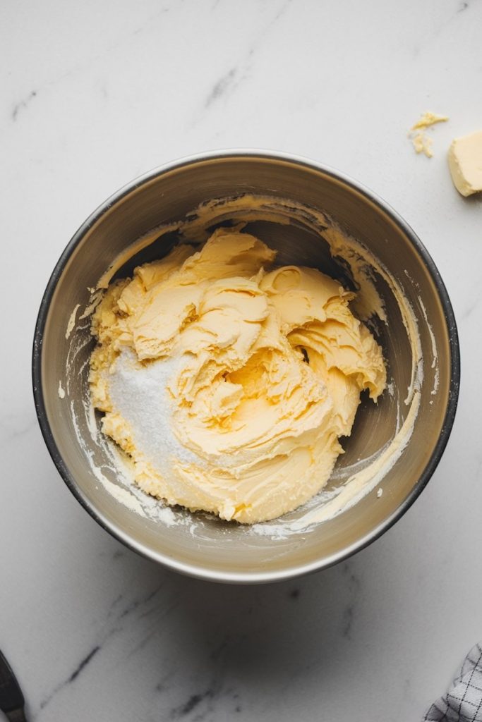 A metal mixing bowl filled with creamed butter and sugar, mixed until smooth and fluffy. This is the start of preparing the base for the cupcake batter.