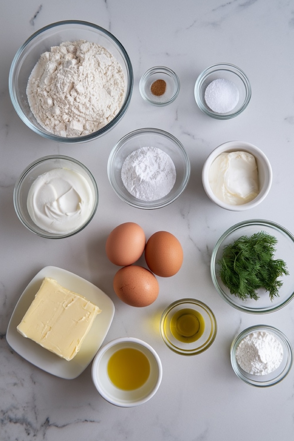 Flat lay of baking ingredients for pickle cupcakes, including flour, sugar, eggs, butter, dill, yogurt, and oil, arranged neatly on a white marble surface.