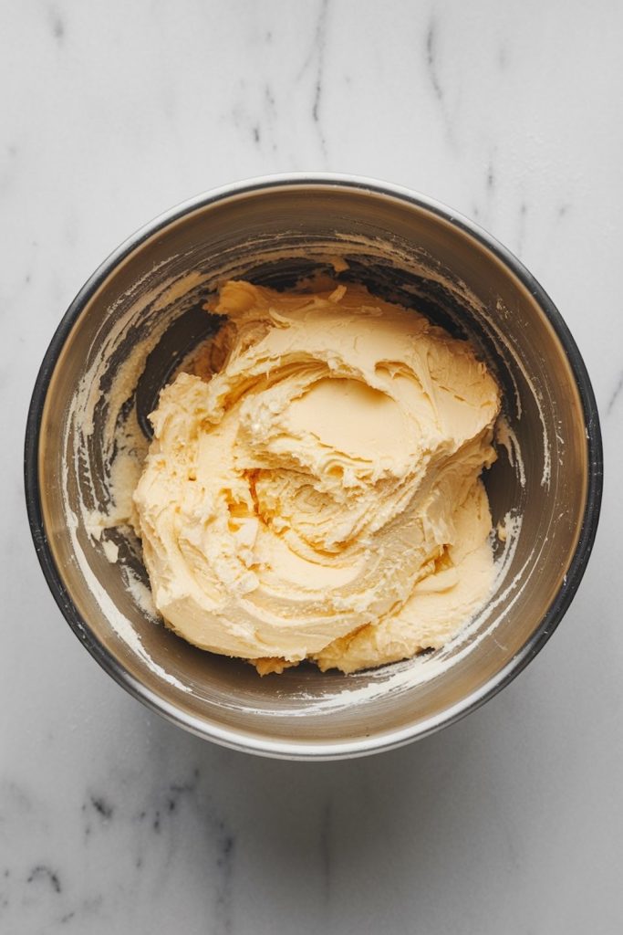 A metal mixing bowl with the prepared smooth cupcake batter, showcasing the perfect consistency before adding mix-ins.