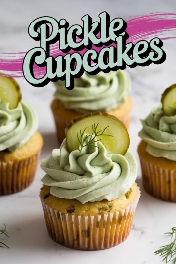Front view of multiple pickle cupcakes, each decorated with creamy dill frosting, a pickle slice, and a sprig of dill. The vibrant green frosting stands out against the golden cupcake base. Text overlay says, “Pickle Cupcakes.”