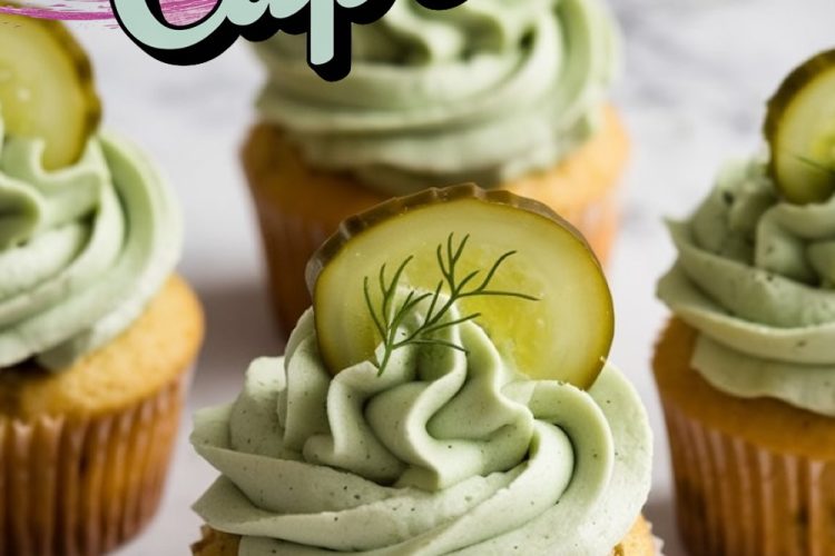 Front view of multiple pickle cupcakes, each decorated with creamy dill frosting, a pickle slice, and a sprig of dill. The vibrant green frosting stands out against the golden cupcake base. Text overlay says, “Pickle Cupcakes.”