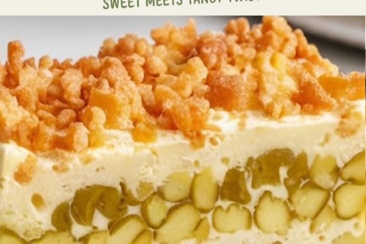 A slice of pickle dump cake on a plate, showcasing its layers of diced pickles, creamy filling, and a golden brown crumbly topping. The text overlay reads “Pickle Dump Cake: Sweet Meets Tangy Twist.”