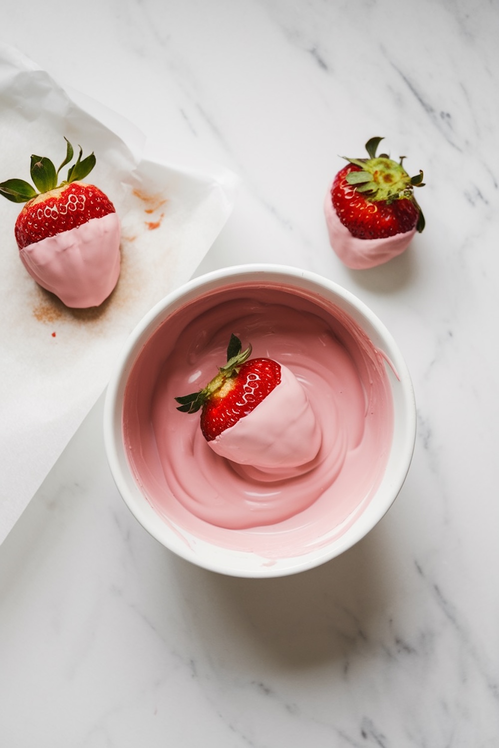 A close-up of strawberries being dipped into smooth, melted pink chocolate, with one strawberry partially coated and resting on parchment paper.