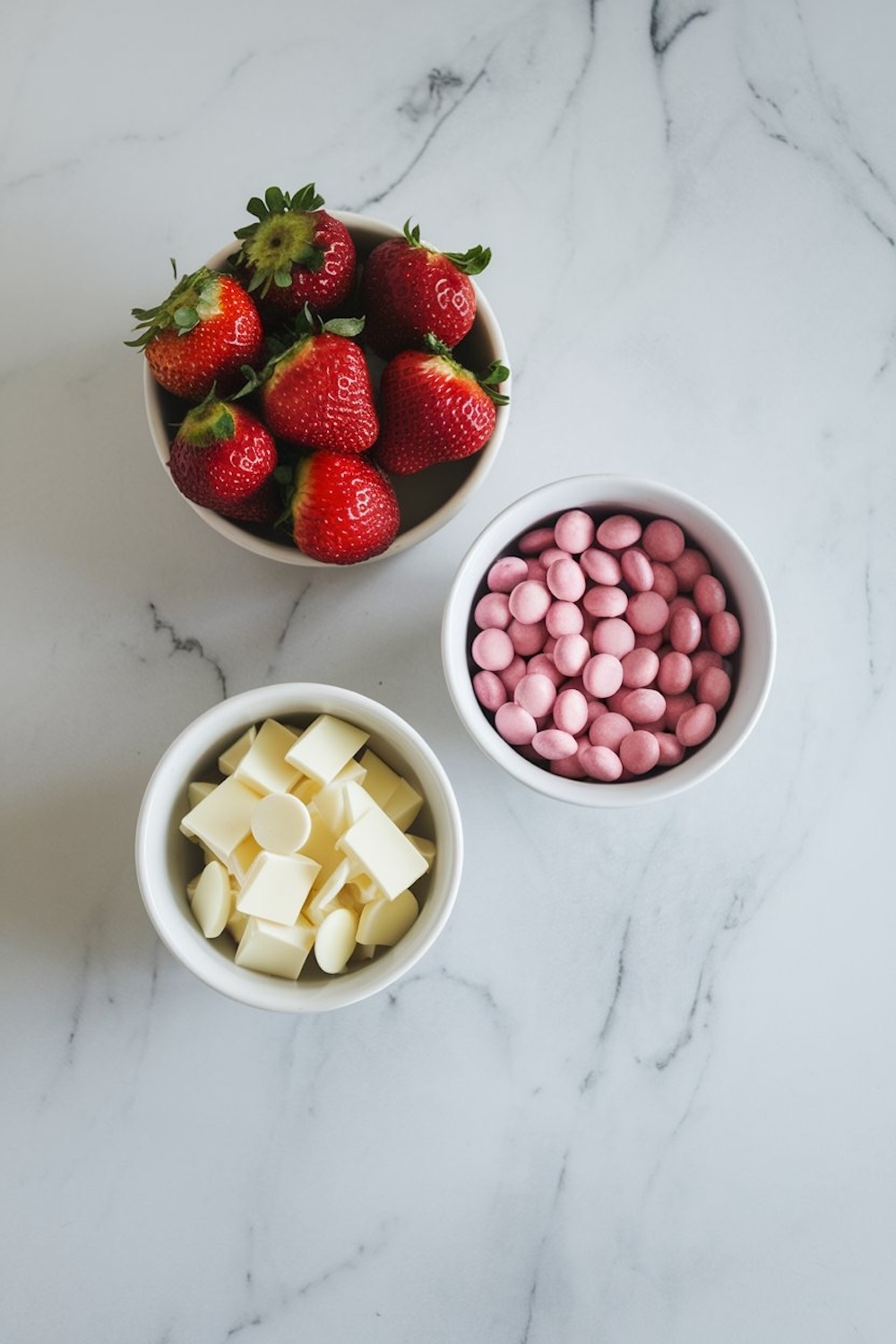 A white marble background featuring three small bowls filled with ingredients: fresh whole strawberries, white chocolate pieces, and pink candy melts.