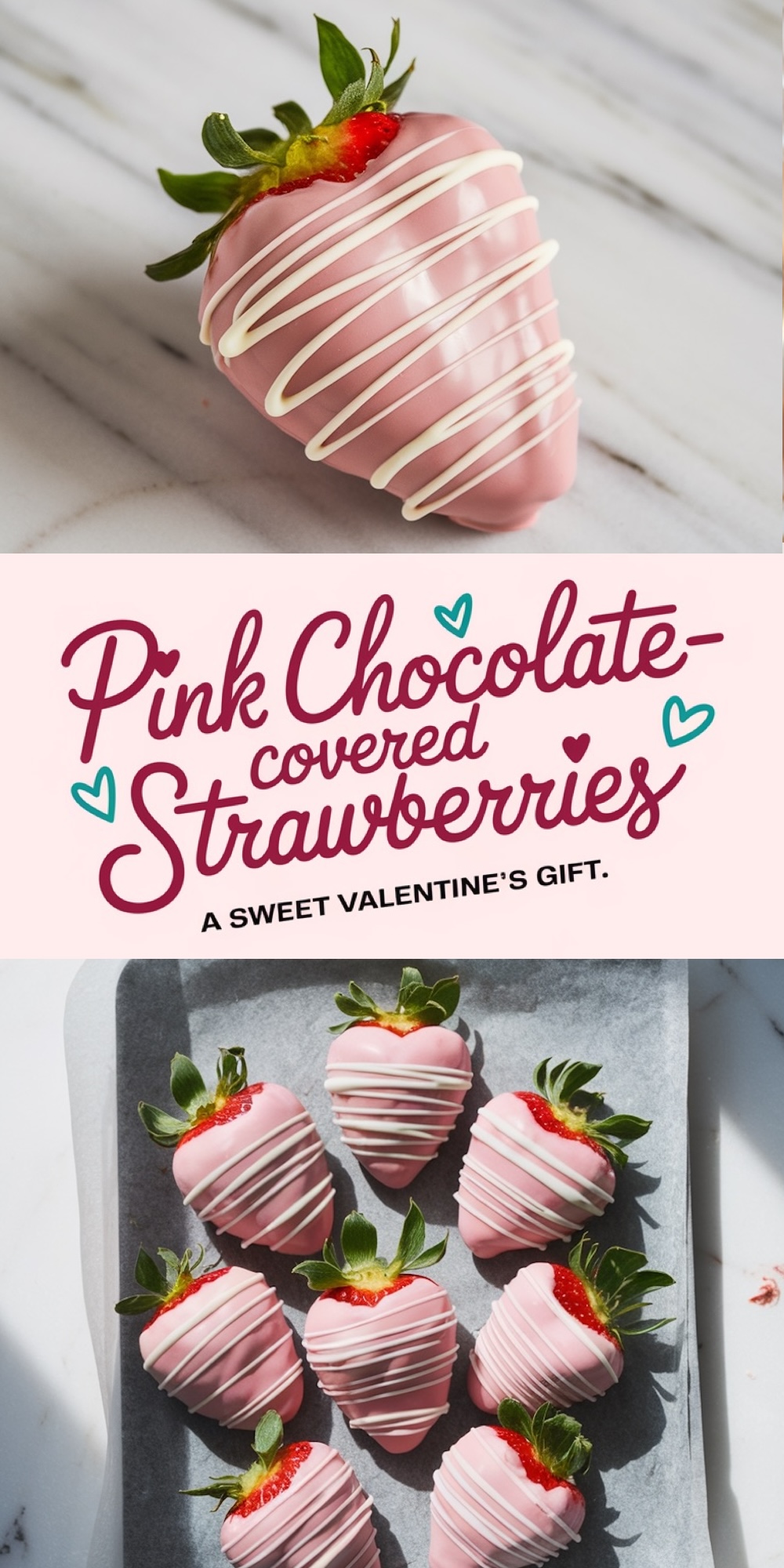 A collage featuring a close-up of a single pink chocolate-covered strawberry with white drizzles, a banner with the text “Pink Chocolate-covered Strawberries: A Sweet Valentine’s Gift,” and a tray of chocolate-covered strawberries on parchment paper.