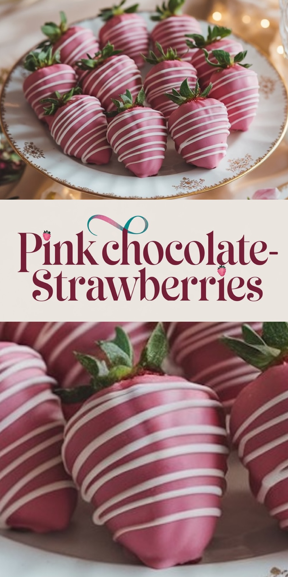 A collage showing pink chocolate-dipped strawberries arranged on an elegant floral plate, paired with the text “Pink Chocolate-Strawberries” in bold, decorative font.